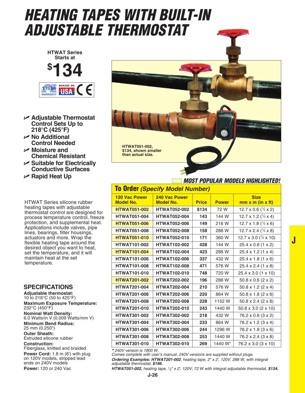 Heating Tapes with Adjustable Thermostat  HTWAT Series - OMEGA