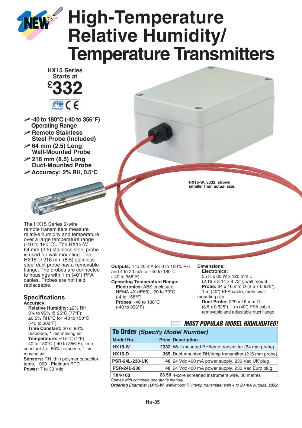 High Temperature Relative Humidity/Temperature Transmitter, with Remote Probe  HX15 Series - OMEGA