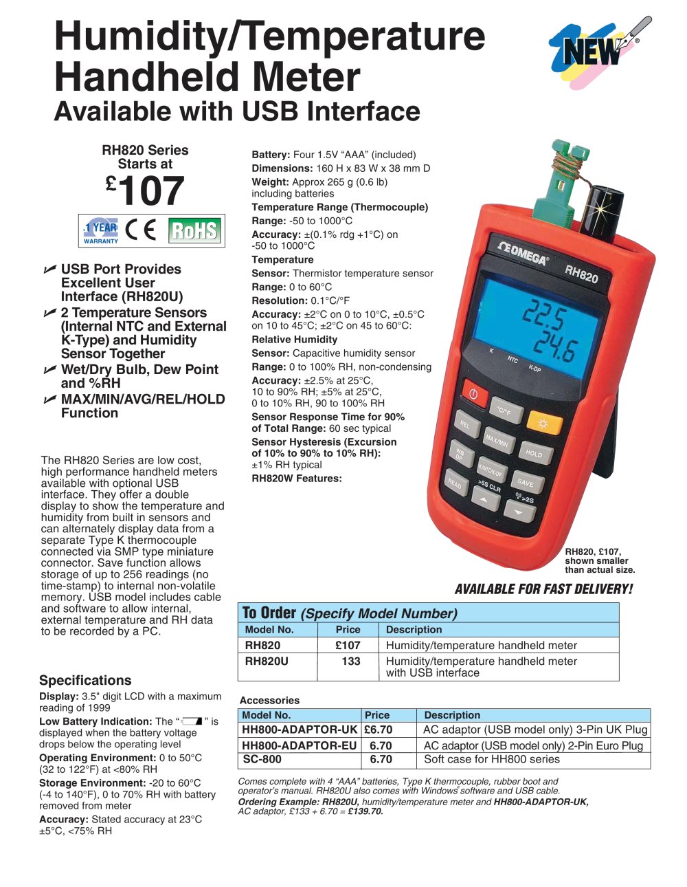 Humidity Temperature Handheld Meters   RH820 Series - OMEGA