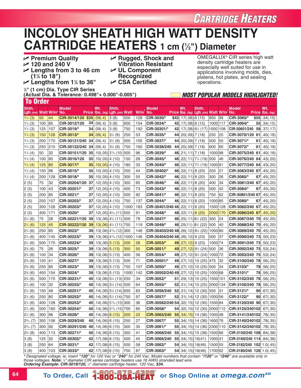 Incoloy Sheath CIR Series High Watt Density Cartridge Heaters  CIR Series - OMEGA