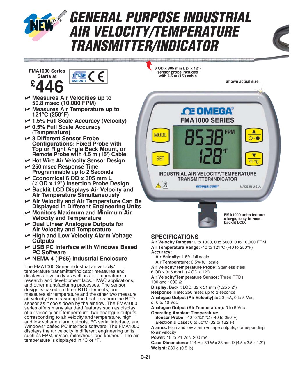 Industrial Air Velocity and Temperature Transmitter with Display - OMEGA