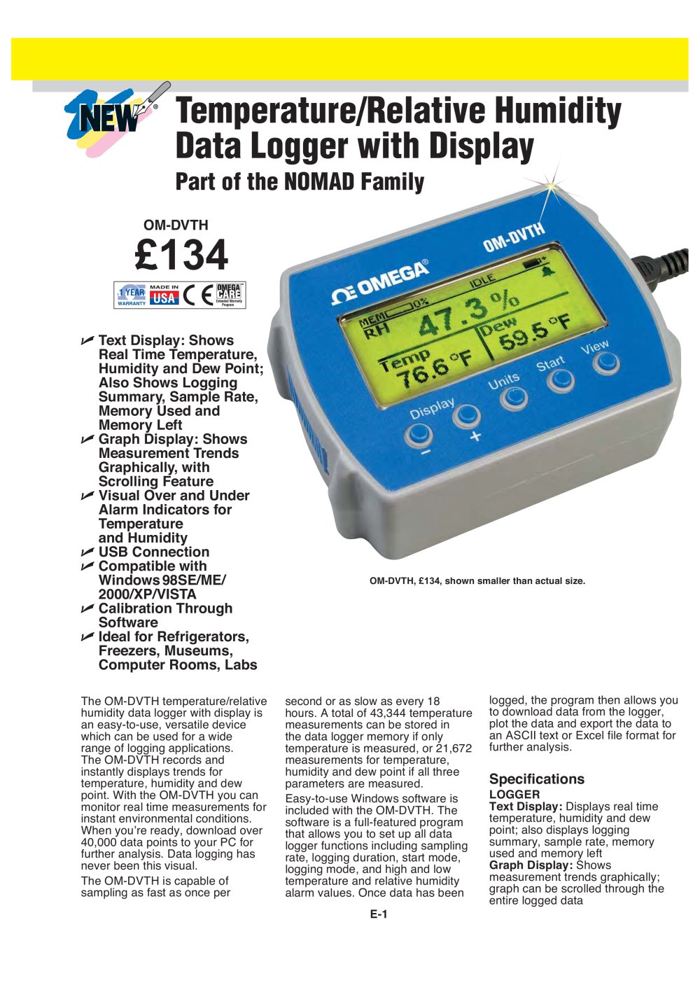 OM-DVTH Temperature and Relative Humidity Data Logger with Display - OMEGA