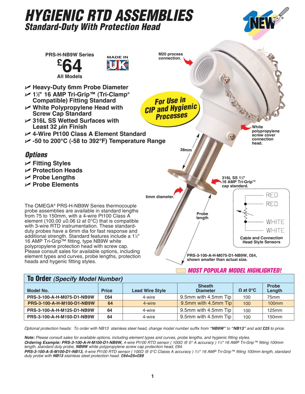 Pt100 Probe with Hygienic Fitting and Protection Head  PRS-3-100 - OMEGA