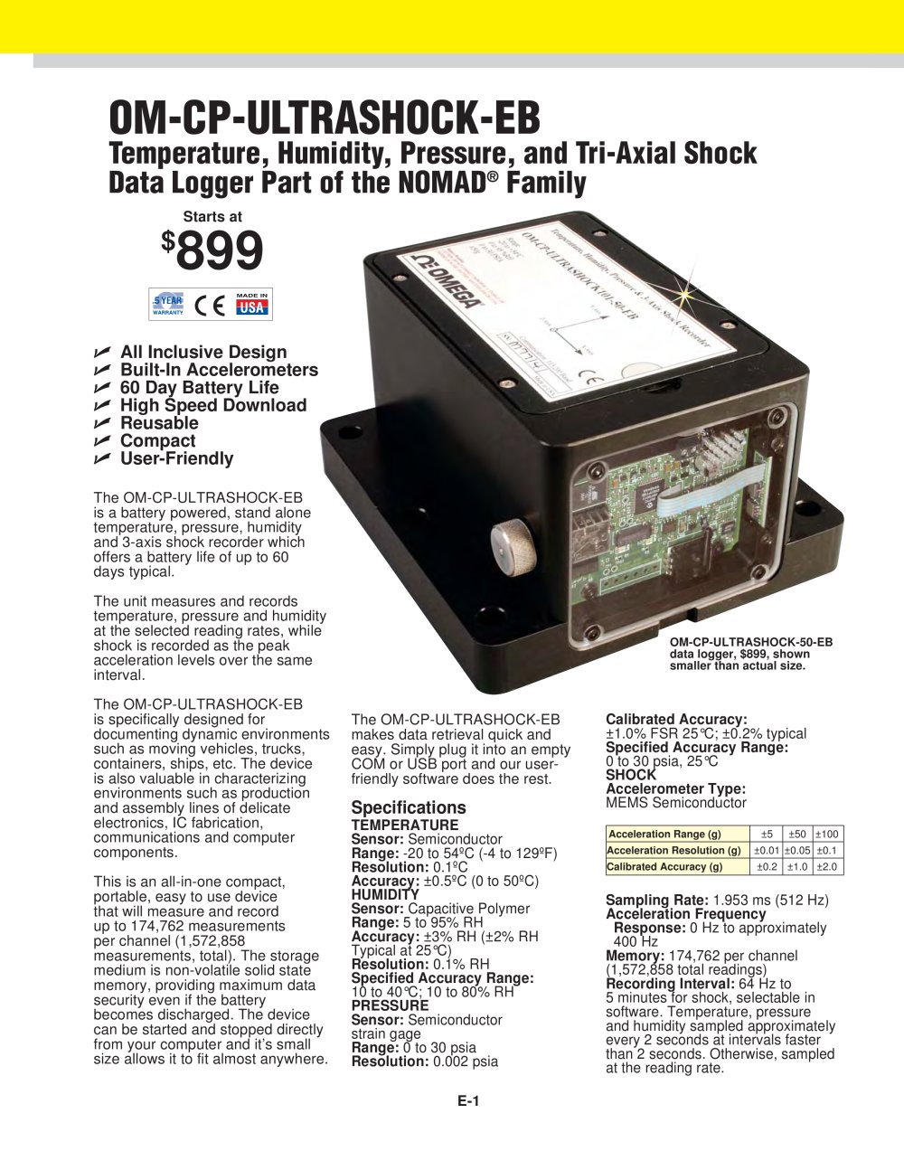 Temperature, Humidity, Pressure and Tri-Axial Shock Data Logger OM-CP-ULTRASHOCK-EB - OMEGA