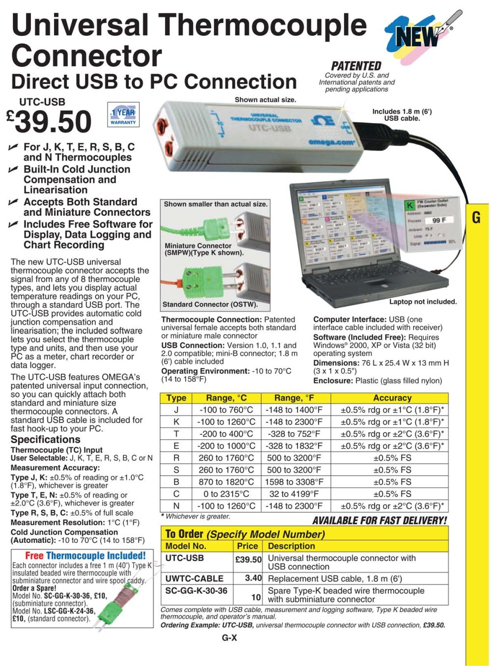 Thermocouple Connector Direct USB to PC Connection   UTC-USB - OMEGA