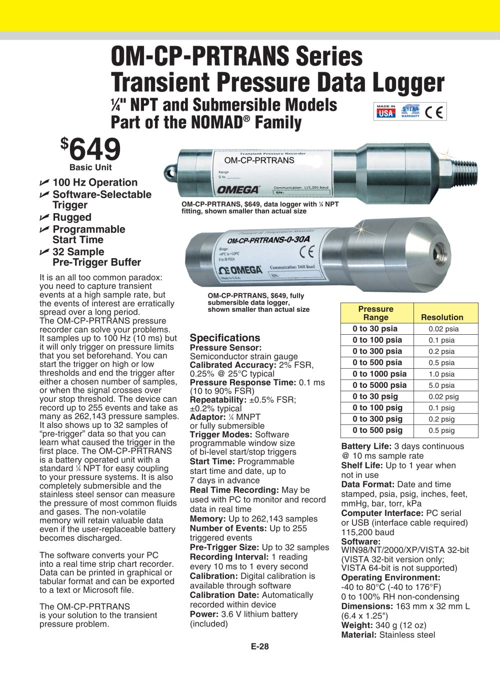 Transient Pressure Data Logger OM-CP-PRTRANS Series - OMEGA