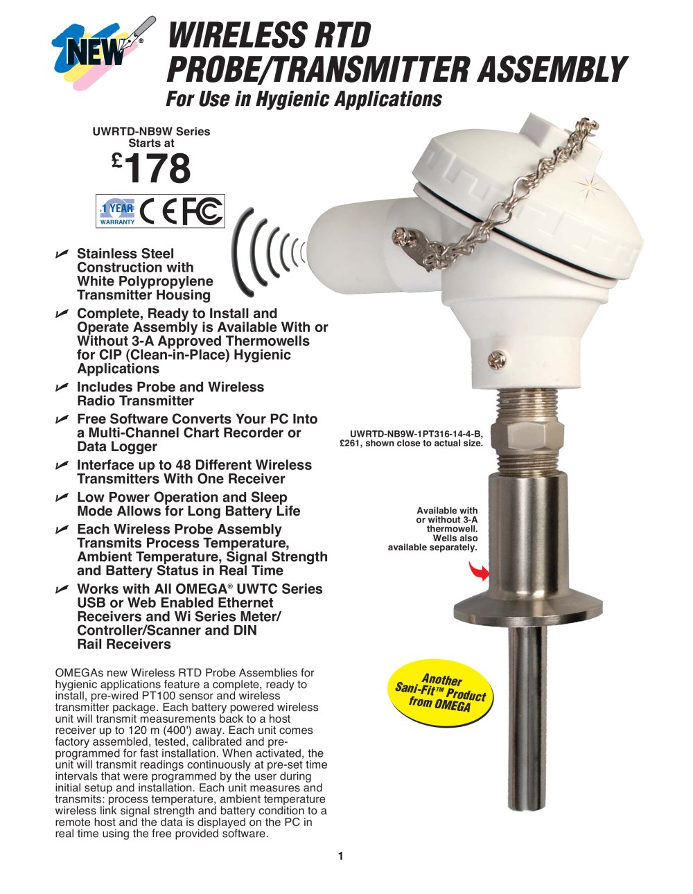 Wireless Pt100 Probe/Transmitter Assembly UWRTD-TW-NB9W Series - OMEGA