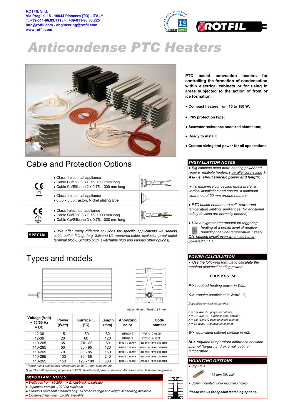 Anticondense PTC Heaters - ROTFIL
