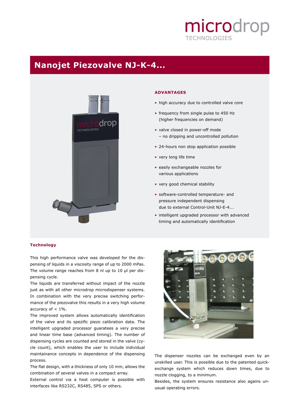 NJ-K-4010 and NJ-K-4020  piezo valve dispense head - microdrop