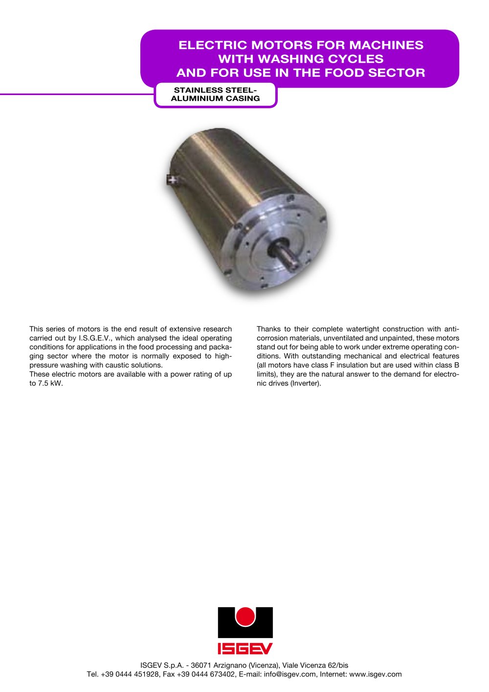 ELECTRIC MOTORS FOR MACHINES  WITH WASHING CYCLES  AND FOR USE IN THE FOOD SECTOR - ISGEV