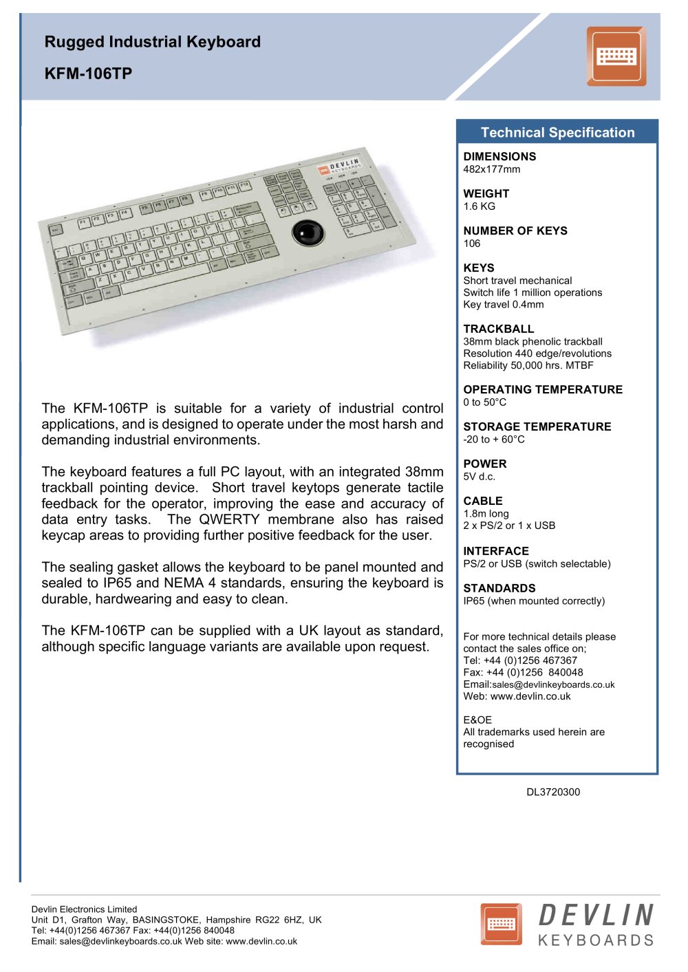 Embossed Membrane Keyboard KFM-106TP - Devlin