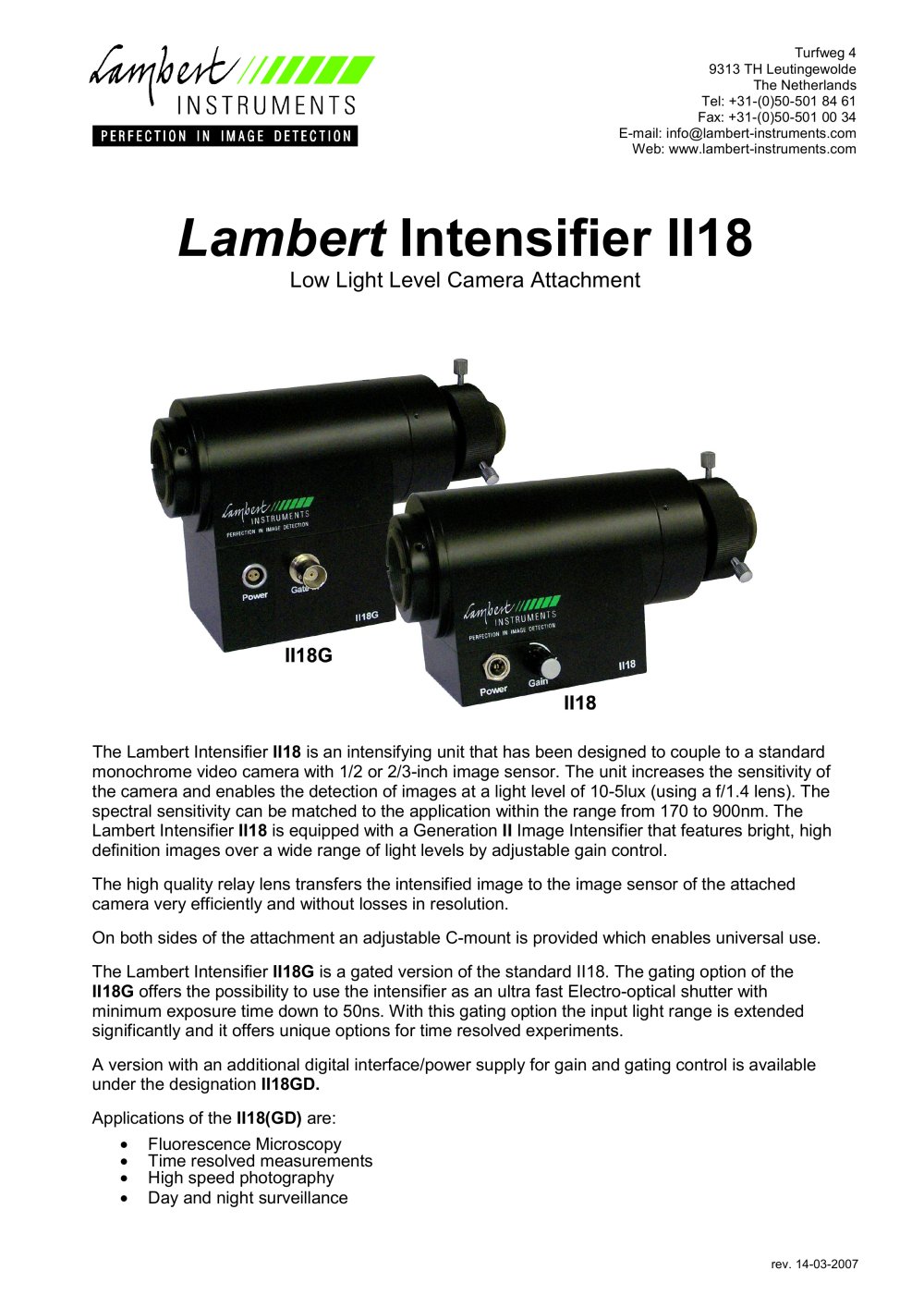 Lambert Intensifier II18 Low Light Level Camera Attachment - Lambert Instruments