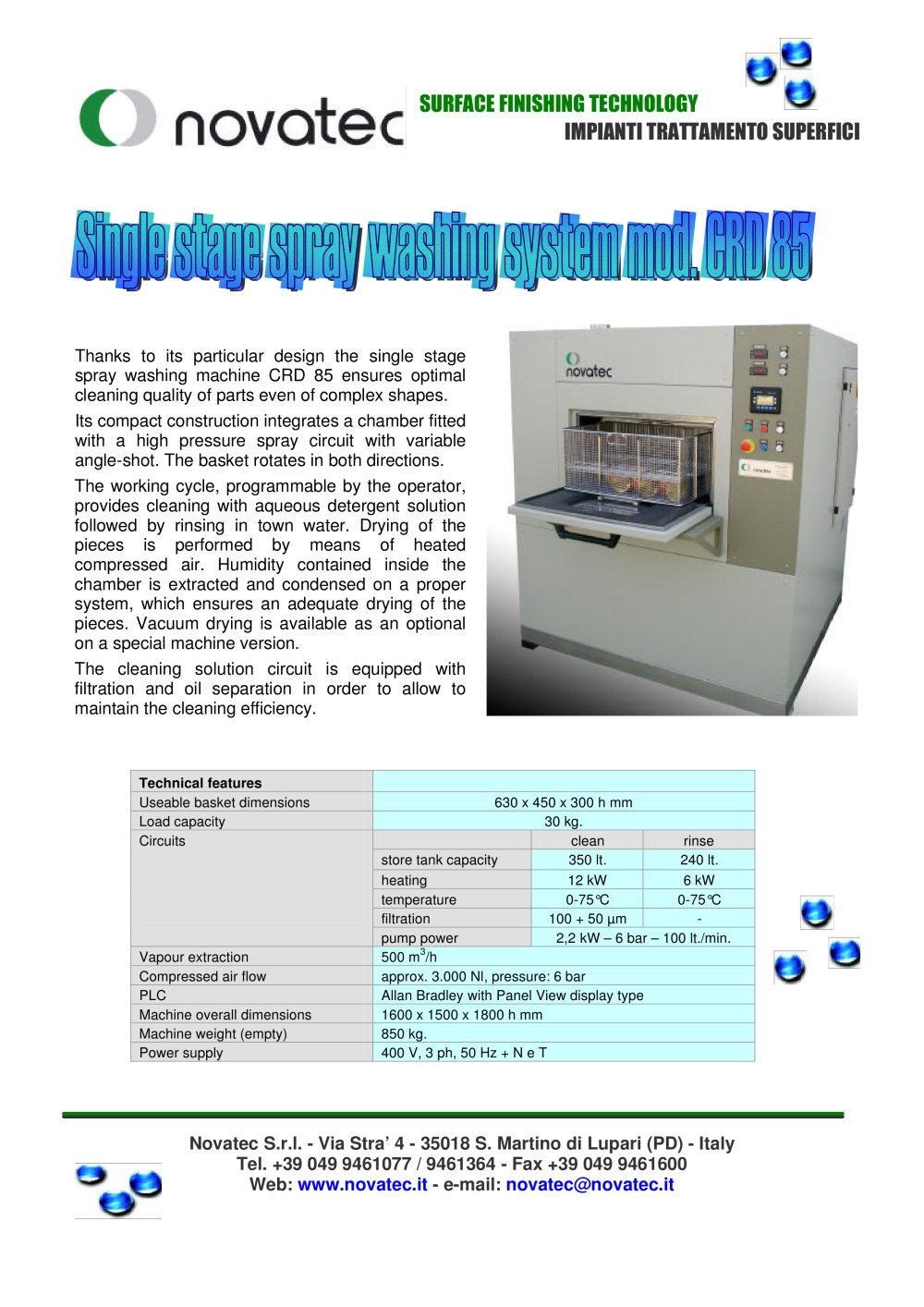 Single stage spray washing system mod. CRD 85 - NOVATEC srl - Surface Finishing Technology