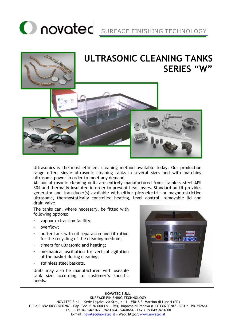 Standard Ultrasonic Cleaning Tanks Series "W" - NOVATEC srl - Surface Finishing Technology