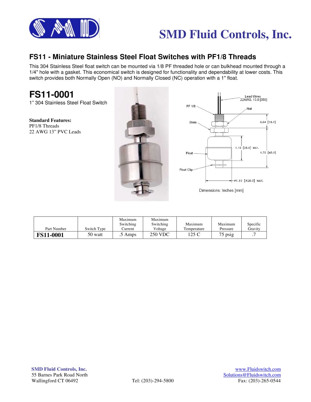 FS11 Miniature Stainless Steel Float Level Switches 1 1 Pages