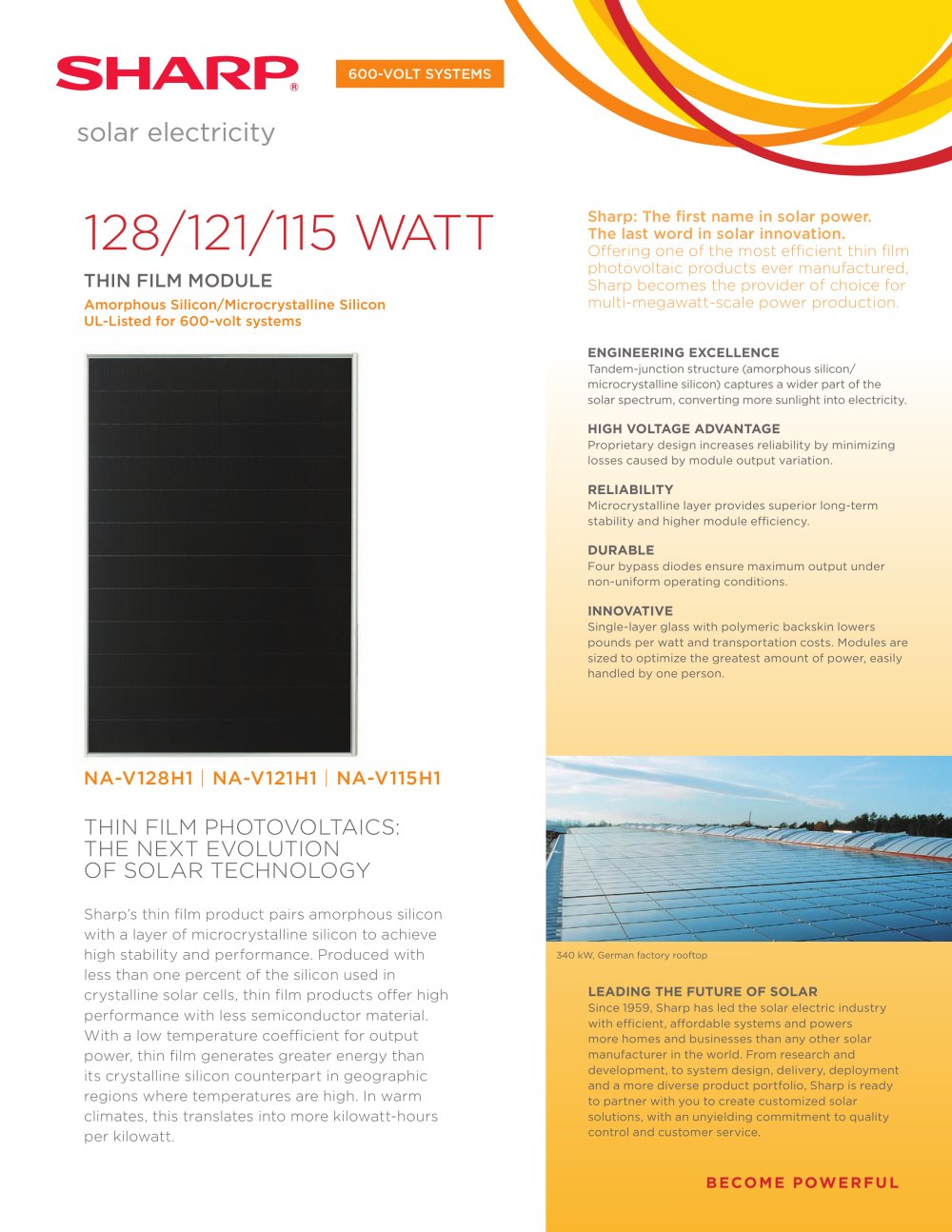 128/121/115 WATT Thin film module - Sharp Solar
