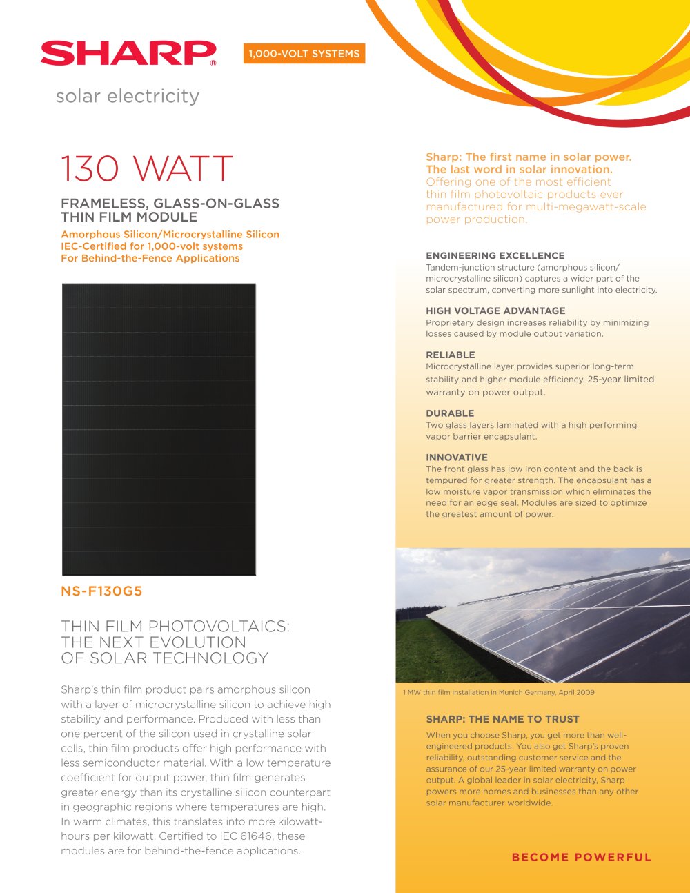 130 WATT frameleSS, glaSS-on-glaSS Thin film moDUle - Sharp Solar