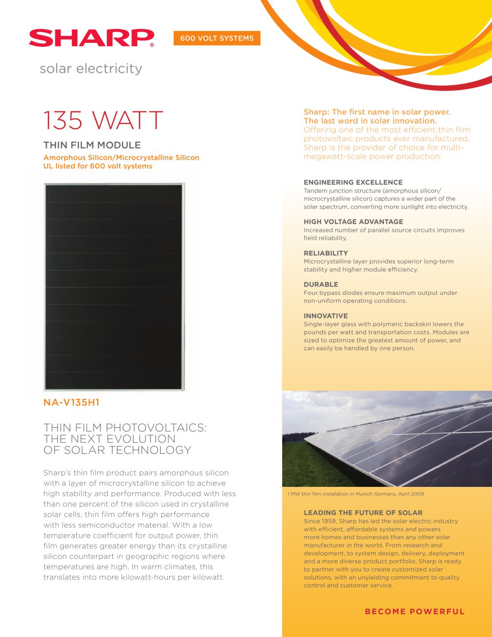 135 WATT Thin film module - Sharp Solar