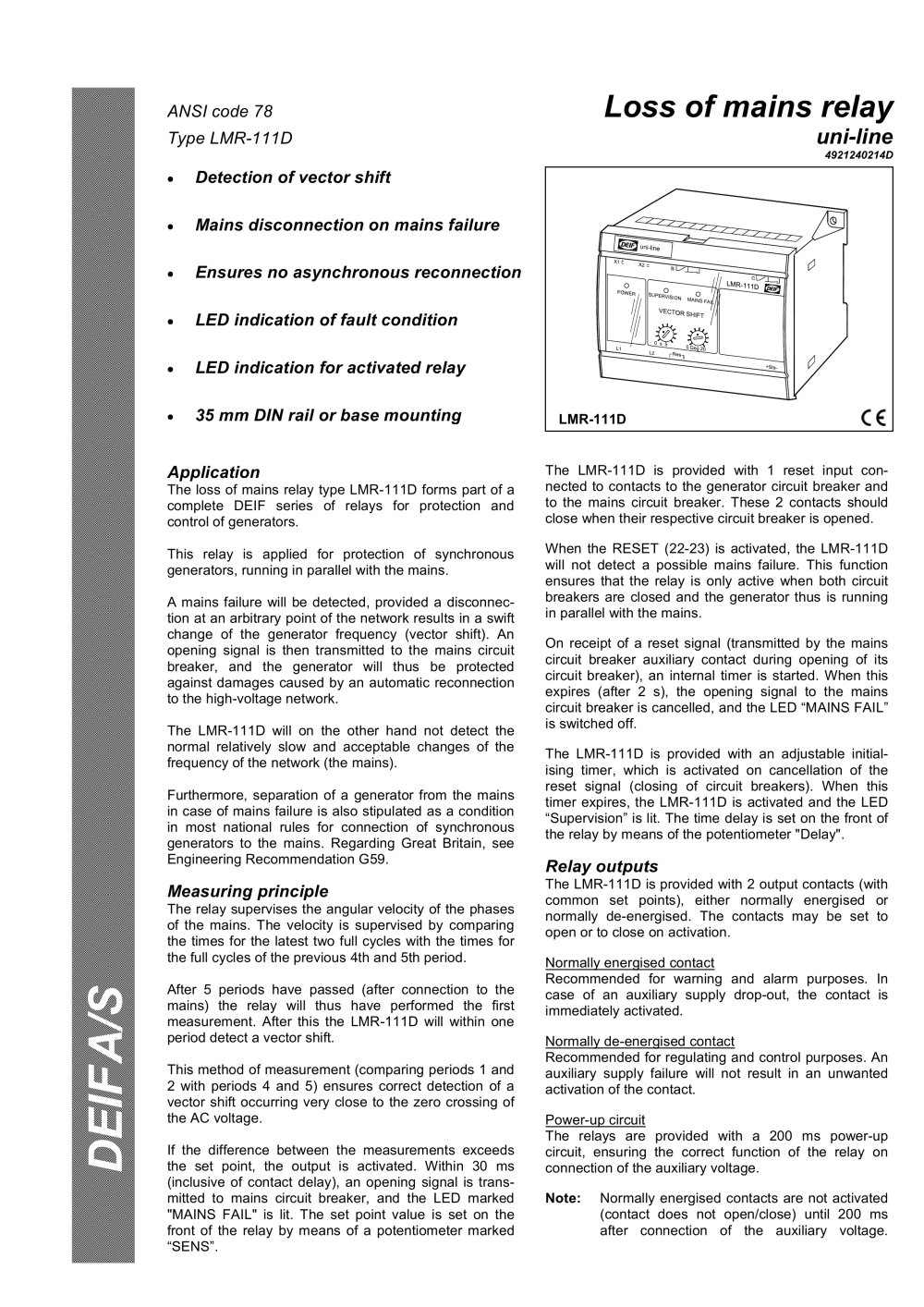 Loss of Mains Relay � type LMR-111D - DEIF