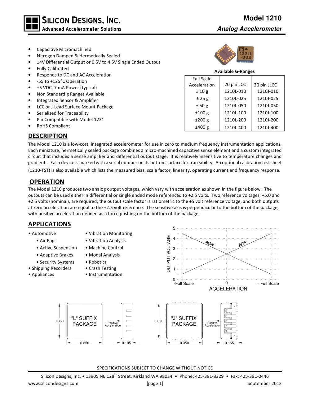 Silicon Designs Model 1210 Analog Accel with &plusmn;4V Differential Output - Silicon Designs