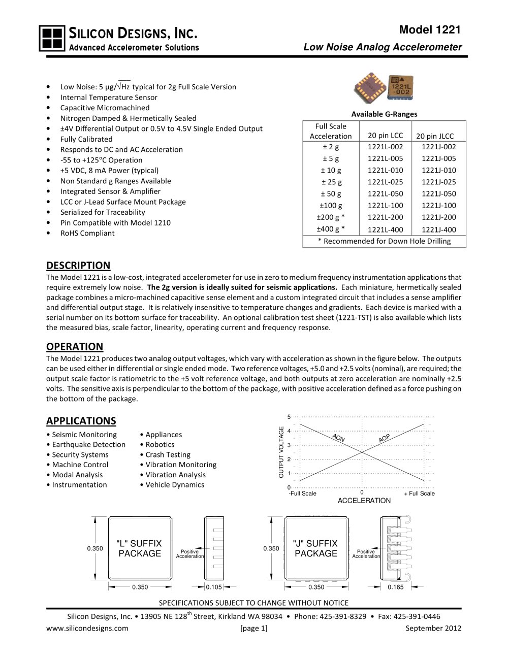 Silicon Designs Model 1221 Low Noise Analog Accel &plusmn;4V Differential Output - Silicon Designs