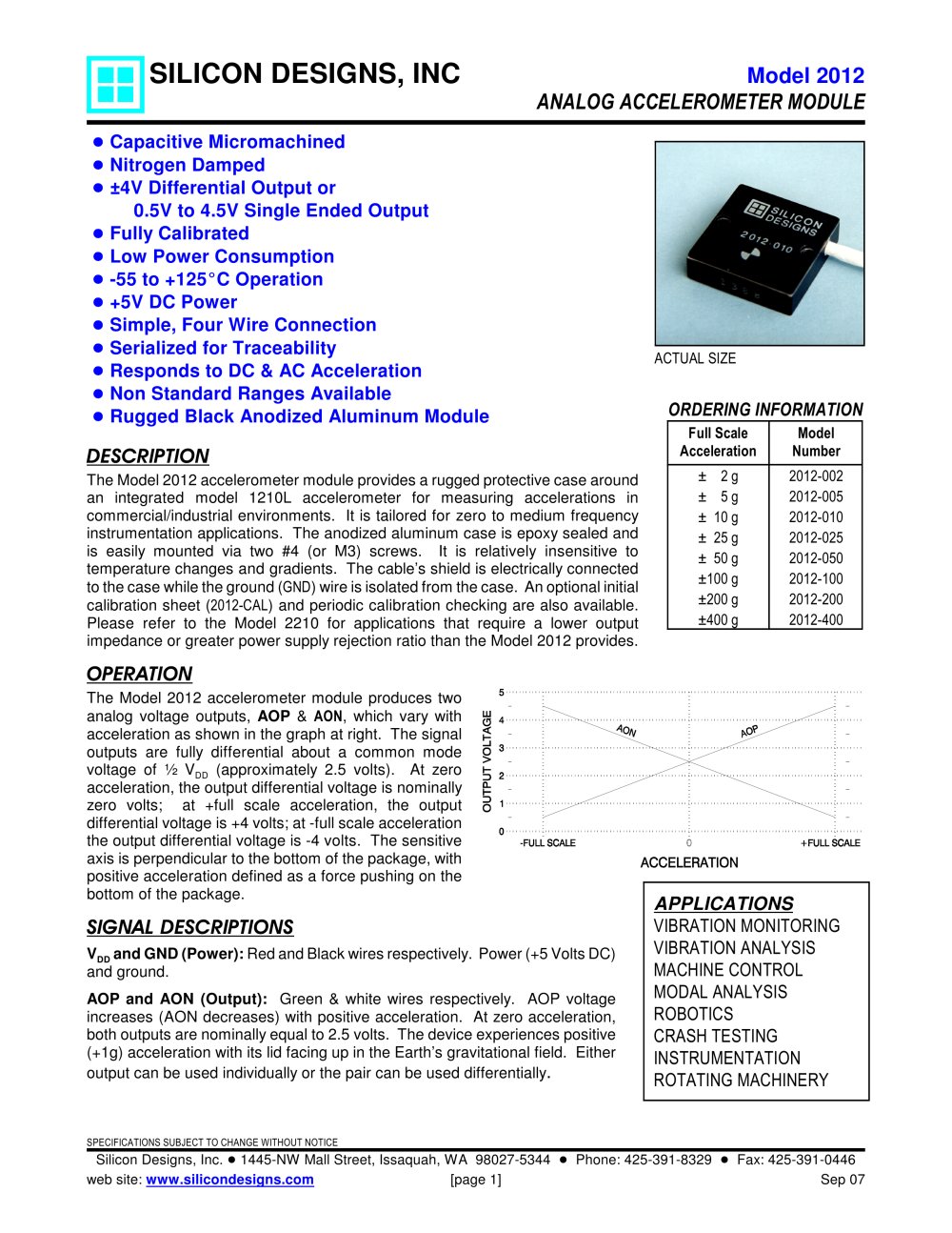 Silicon Designs Model 2012 Analog Accelerometer Module - Silicon Designs