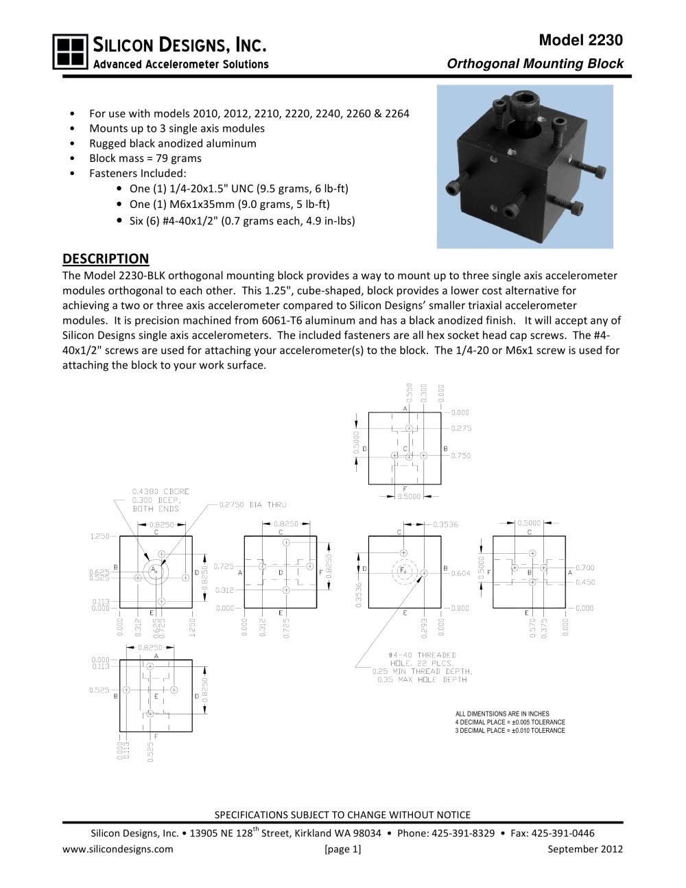 Silicon Designs Model 2230-BLK Orthogonal Mounting Block for Use with Silicon Designs Models 2010, 2012, 2210, 2220, 2240, 2260 & 2264 - Silicon Designs