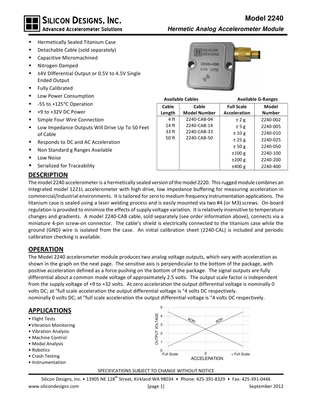 Silicon Designs Model 2240 Hermetically Sealed Analog Accel with Removable Plug & Cable - Silicon Designs