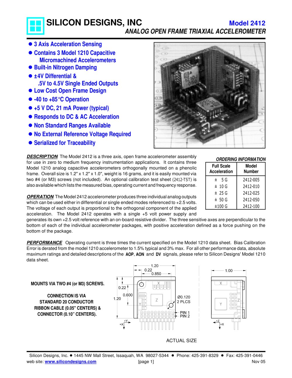 Silicon Designs Model 2412 Analog Open Frame Triaxial Accelerometer - Silicon Designs