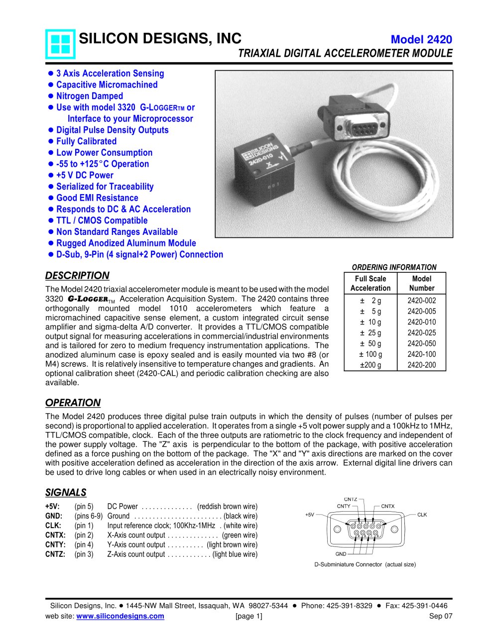 Silicon Designs Model 2420 Triaxial Digital Accel Module, Pulse Density Output, +5 VDC Power, 9-Pin D-Subminiature Connector - Silicon Designs