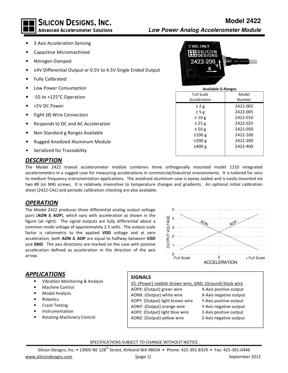 Silicon Designs Model 2422 Triaxial Analog Accel Module, &plusmn;4V Differential or 4V Single Ended Output, +5 VDC Power - Silicon Designs