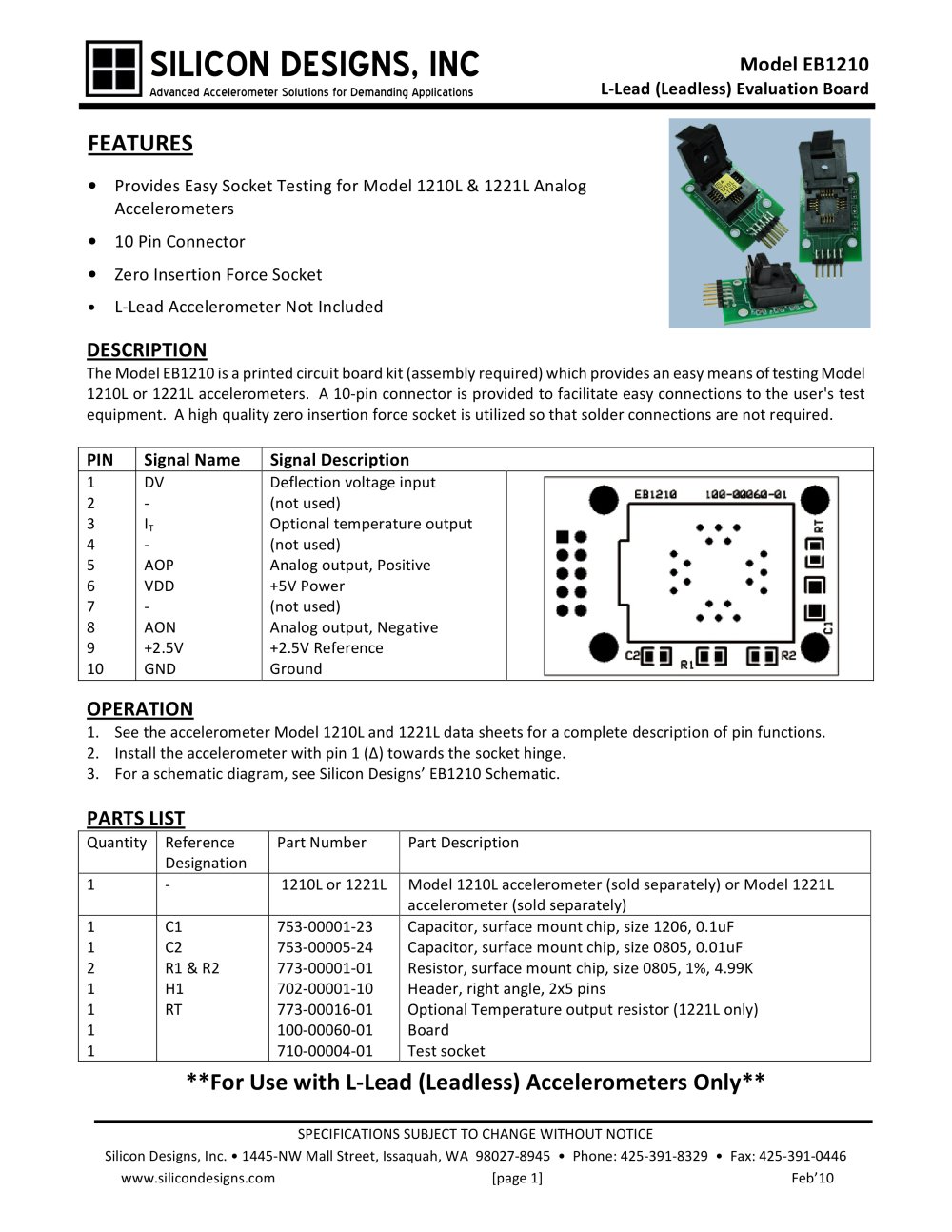 Silicon Designs Model EB1210 L-Lead (Leadless) Evaluation Board - Silicon Designs