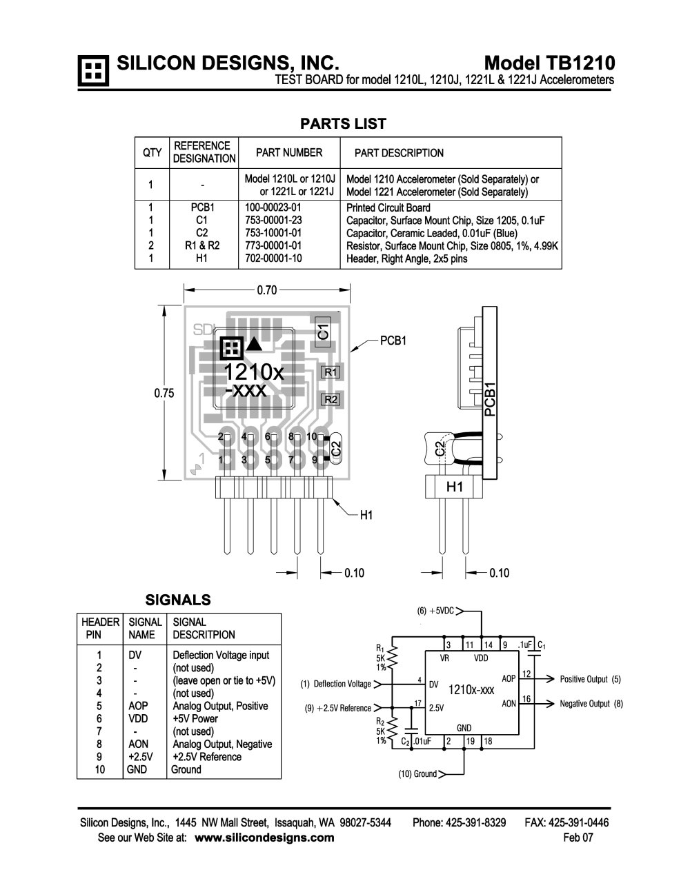 Silicon Designs Model TB1210 Test Board for Model 1210L, 1210J, 1221L & 1221J Accelerometers - Silicon Designs