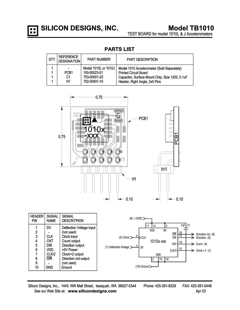 Silicon Designs TB1010 Test Board for Model 1010 Accelerometers - Silicon Designs
