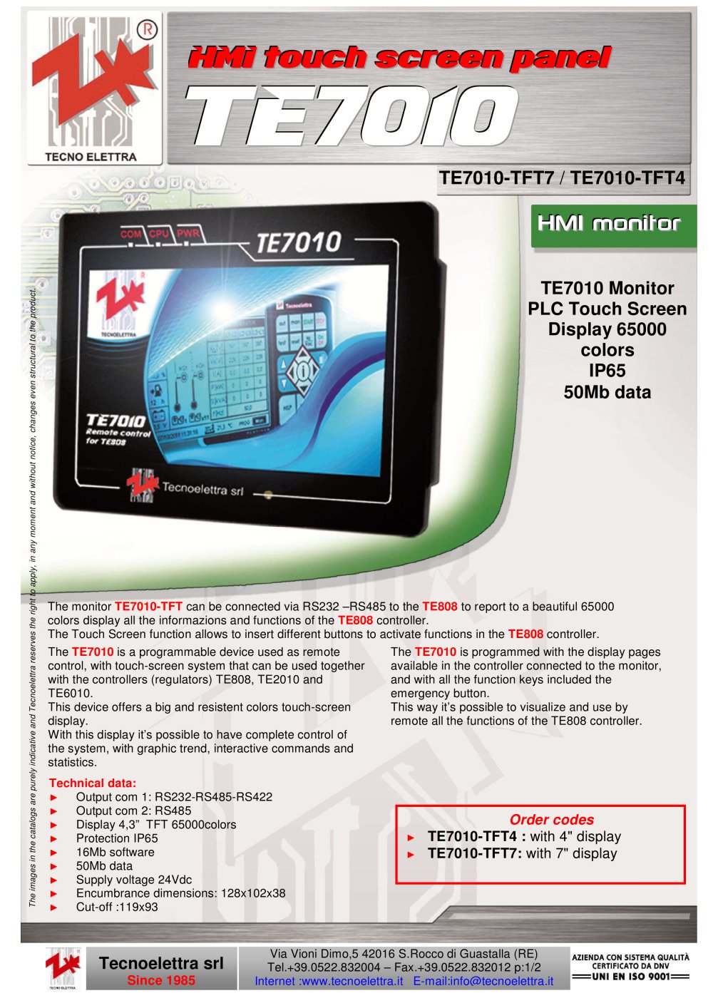 HMI Touch Screen Panel. TE7010 - Tecnoelettra