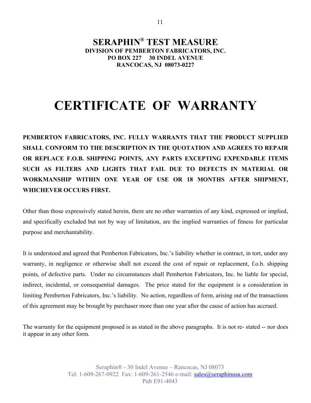 Seraphin Test Measures - 89911