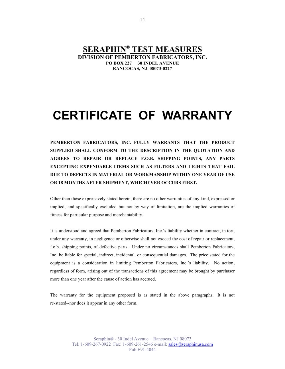 Seraphin Test Measures - 89911