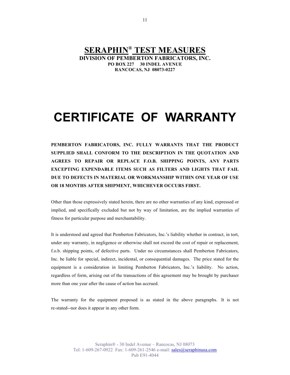 Seraphin Test Measures - 89911