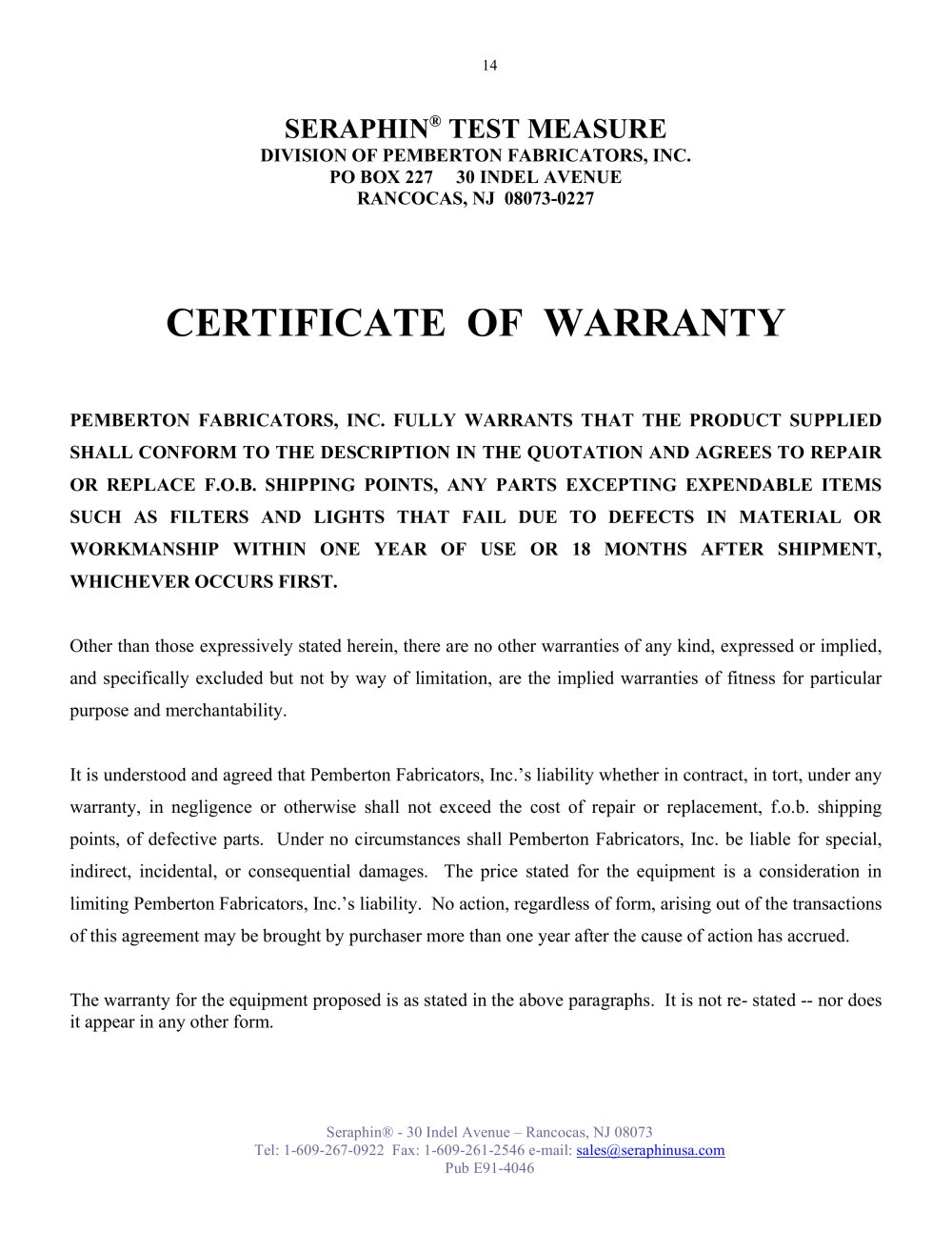 Seraphin Test Measures - 89911