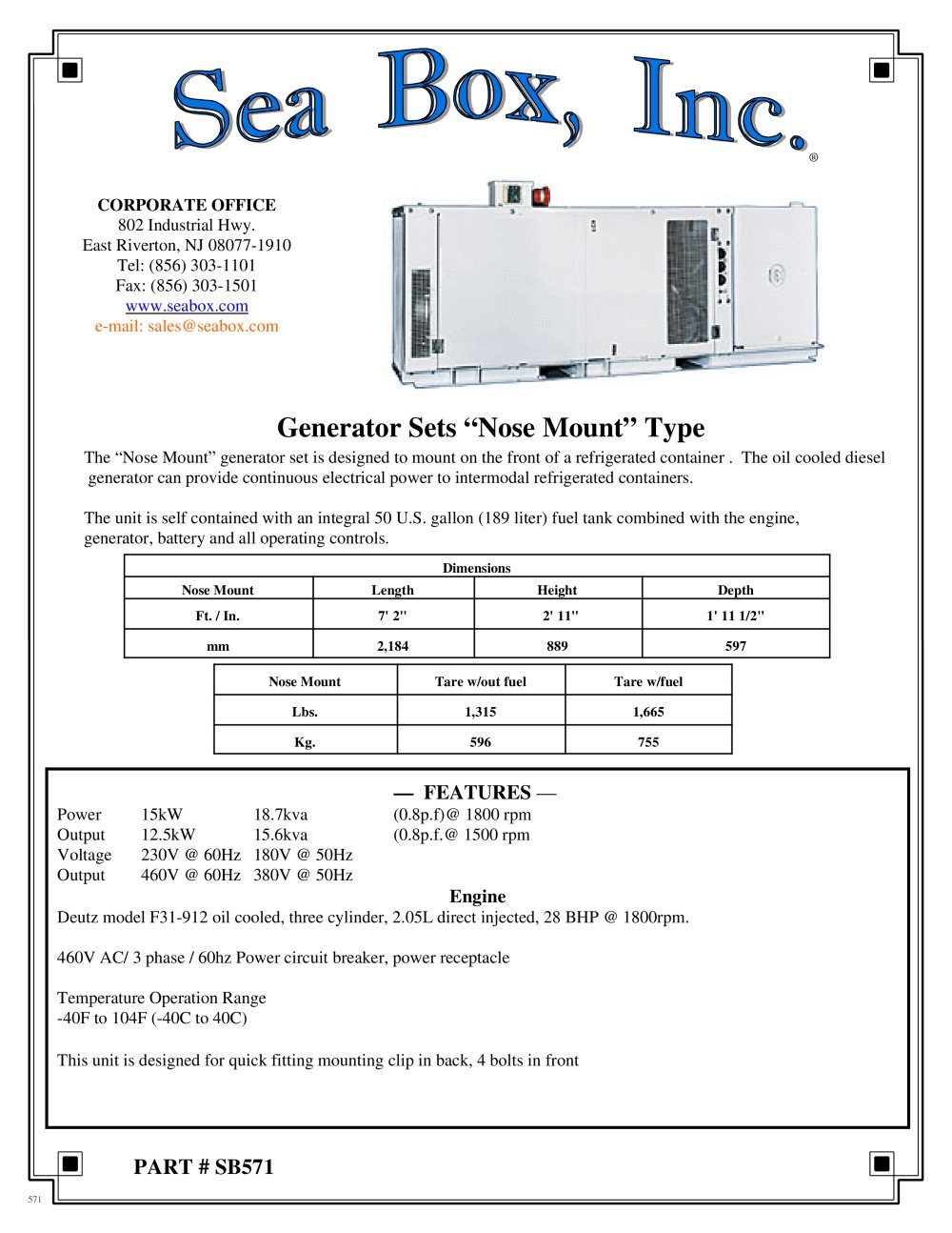 Nose Mount Generator Set - Sea Box