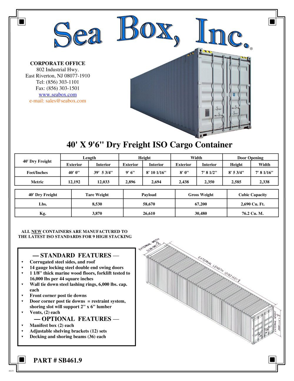 SB461.9 40' (Type 1) Dry Freight Container, Double Doors One End - Sea Box