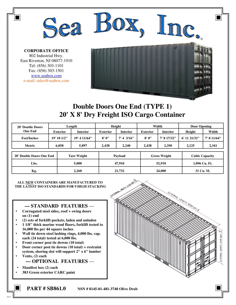 SB861.0 20' (Type 1) Dry Freight Container, Double Doors One End - Sea Box