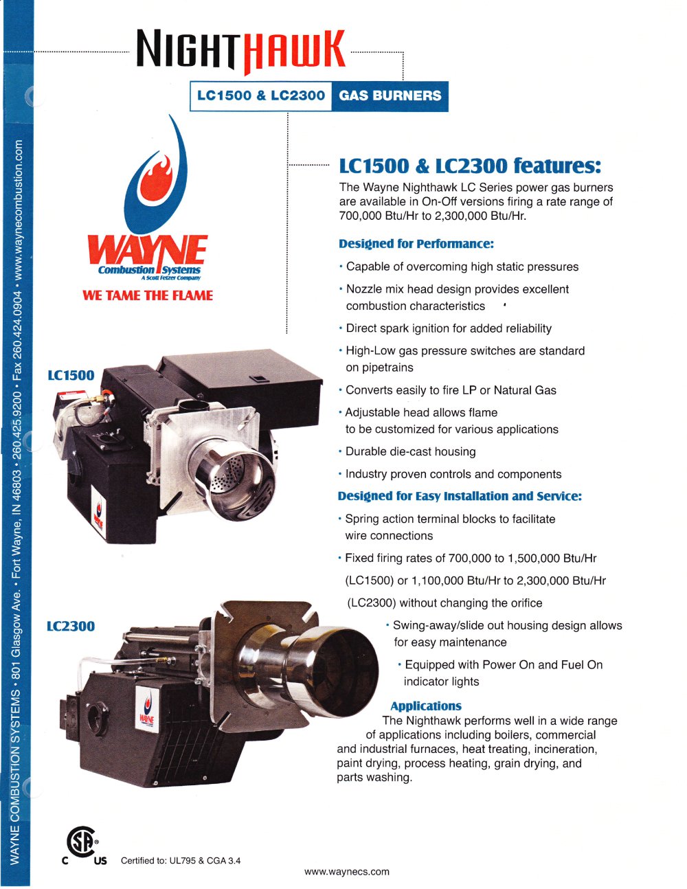 NightHawk LC1500 and LC2300 Gas Powered Burners - Wayne Combustion Systems
