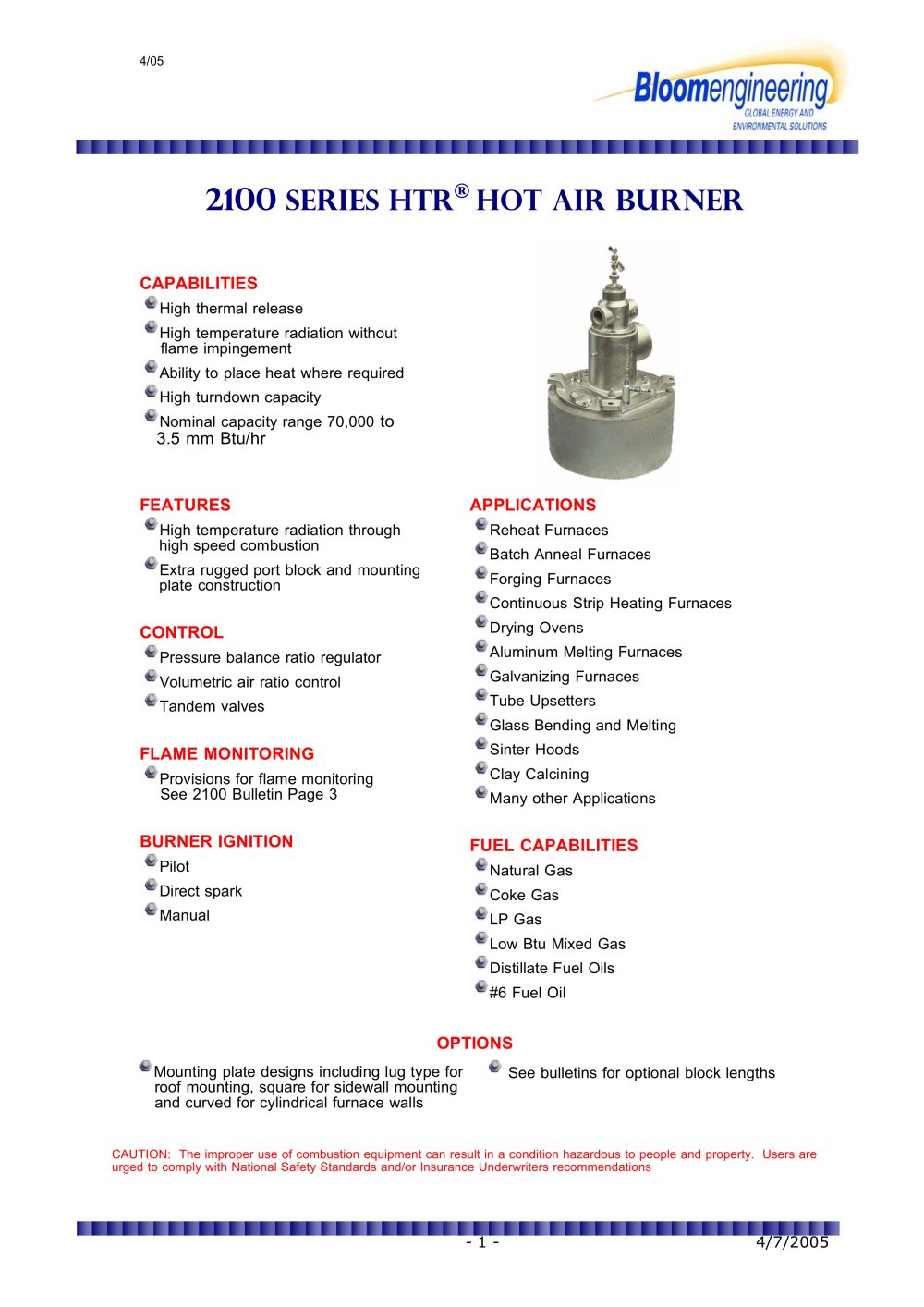 Hot and Cold Air High Thermal Release (HTR) Direct Fired Burner Series 2100 - Bloom Engineering