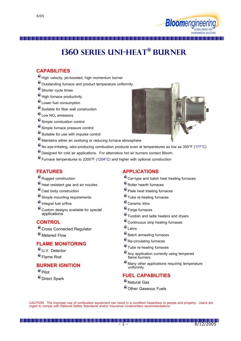 Small Capacity Low NOx Baffle Burner Series Small Capacity Hot Air Low NOx Direct Fired Baffle Burners with Air Staging Series 1360 - Bloom Engineering