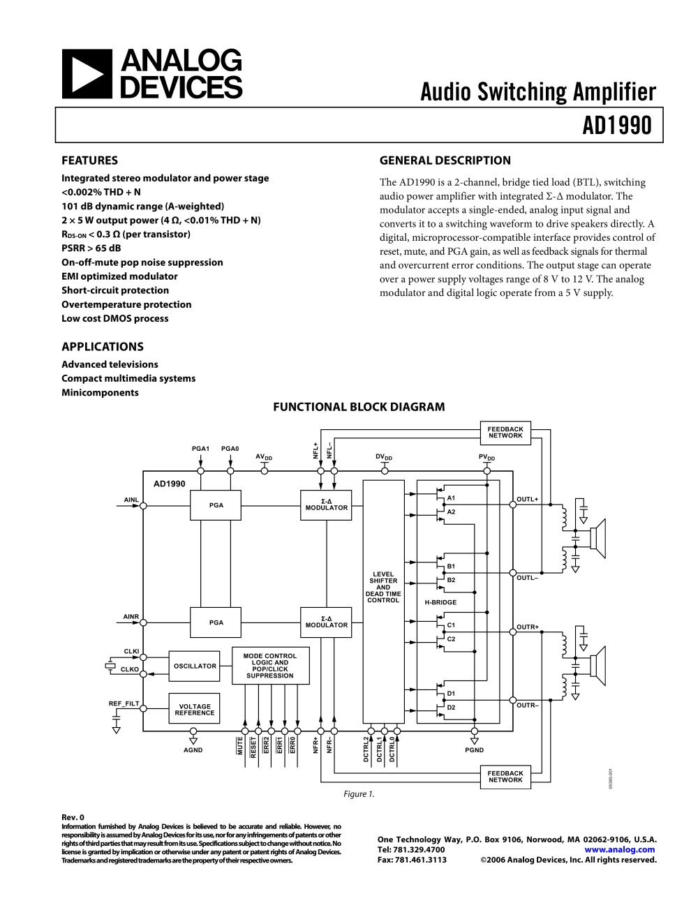 AD1990:  Class-D Audio Power Amplifier � 2 &times; 5W - Analog Devices