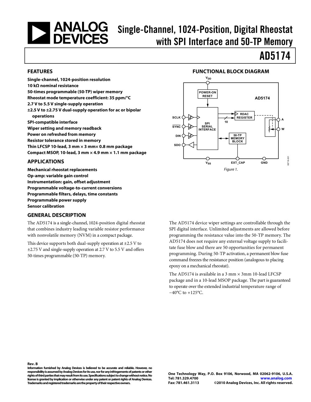 AD5174:  Single-Channel, 1024-Position, Digital Rheostat with SPI interface and 50-TP Memory - Analog Devices