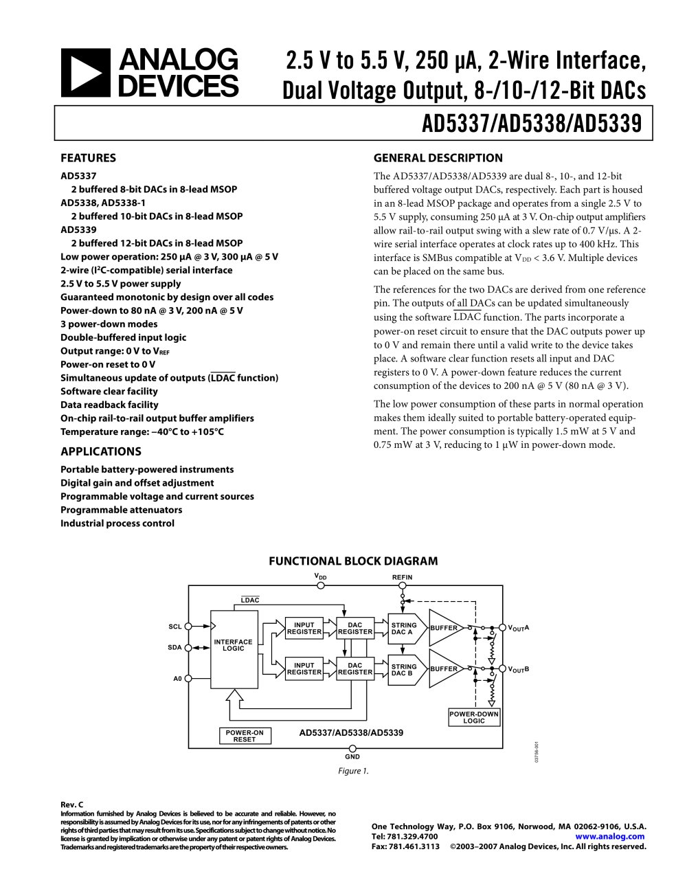 AD5337:  2.5 V to 5.5 V, 250 &micro;A, 2-Wire Interface, Dual Voltage Output, 8-Bit DACs - Analog Devices