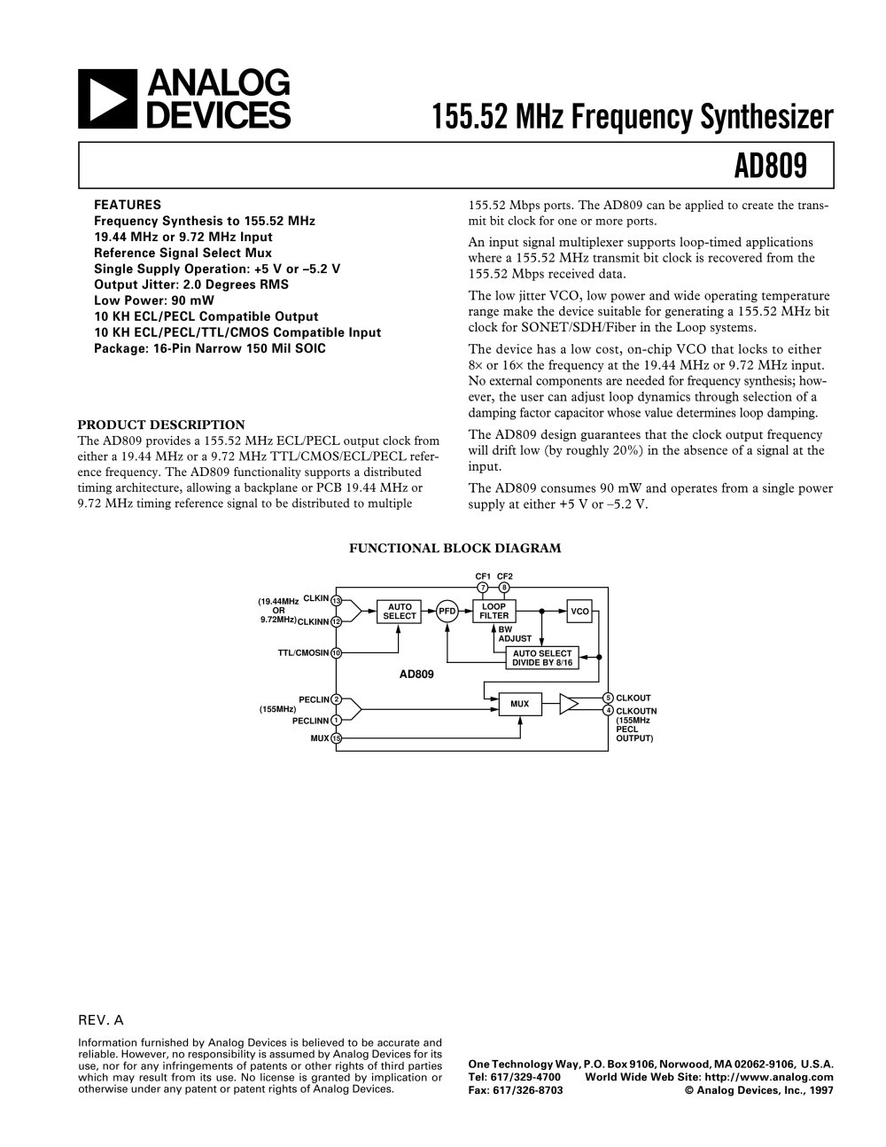 AD809:  155 MHz Frequency Synthesizer - Analog Devices