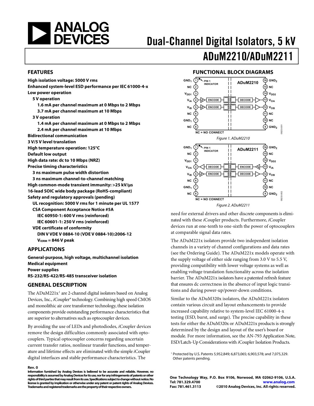ADUM2210:  Dual-Channel Digital Isolators, 5 kV - Analog Devices